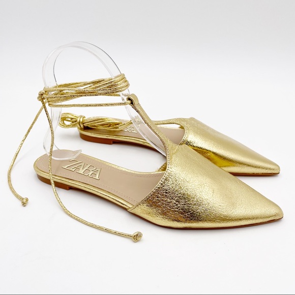 Zara Shoes - ZARA GOLD METALLIC ANKLE TIE T-STRAP POINTED MULES